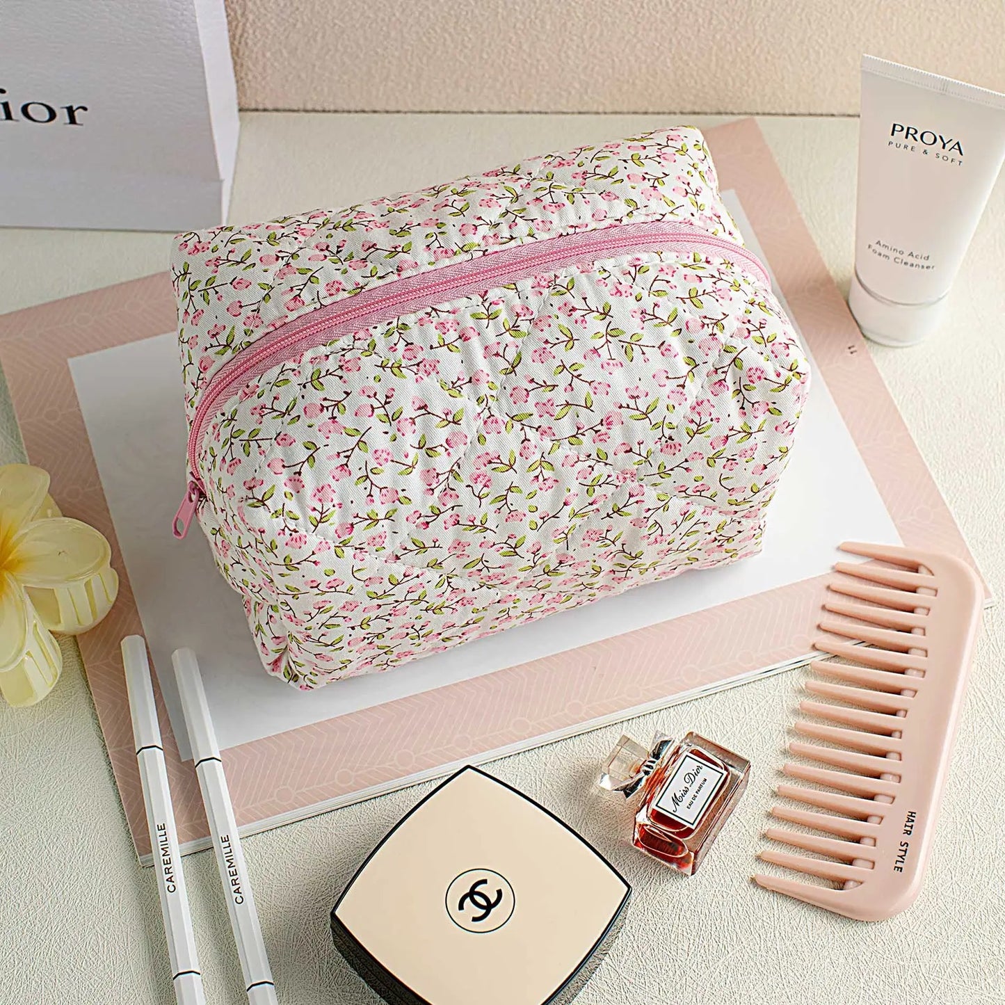 Quilted Floral Make Up Bag