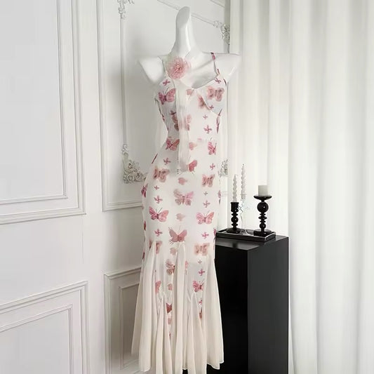 Romantic Strappy Butterfly Midi Dress