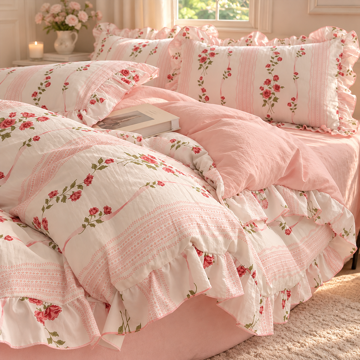 A pink and white floral bedding set with frilly edges | Creative Femininity 