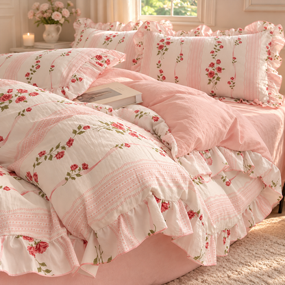 A pink and white floral bedding set with frilly edges | Creative Femininity 