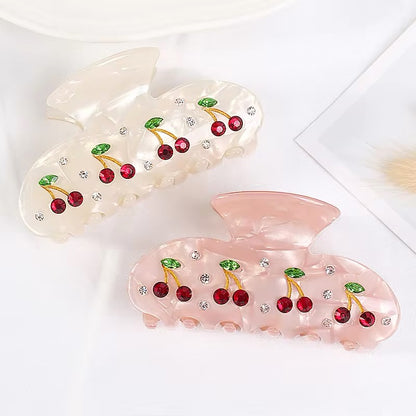 pink hair claw clip with red cherry and diamonds 