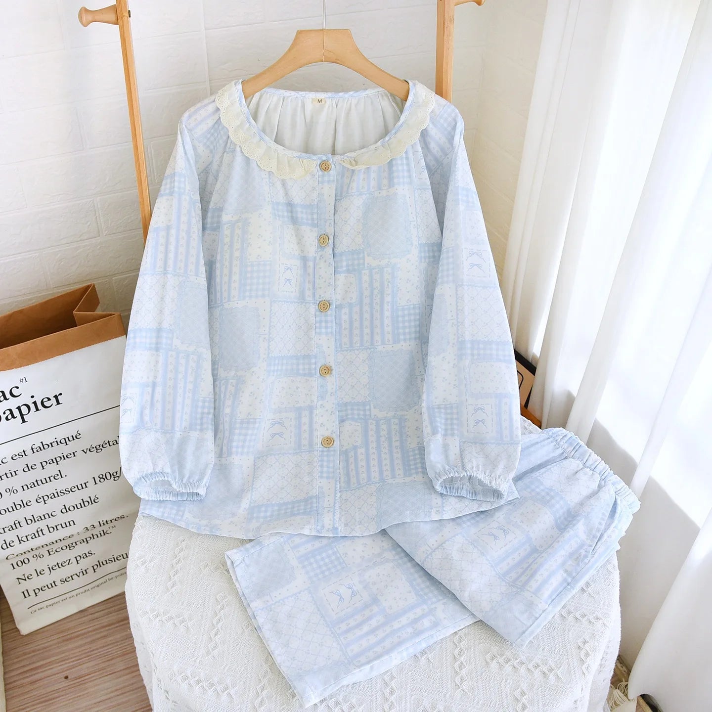 Blue and white patchwork cotton pjs 