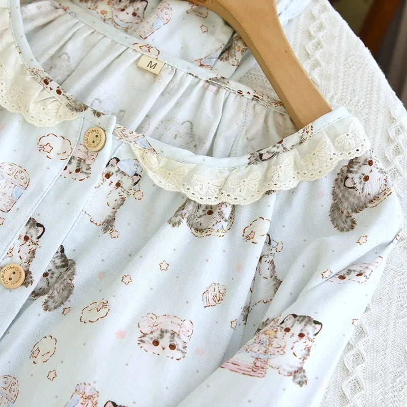 Blue lace pyjamas with cat print 