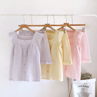 Gingham Short Pj Set - Pink/Yellow/Purple
