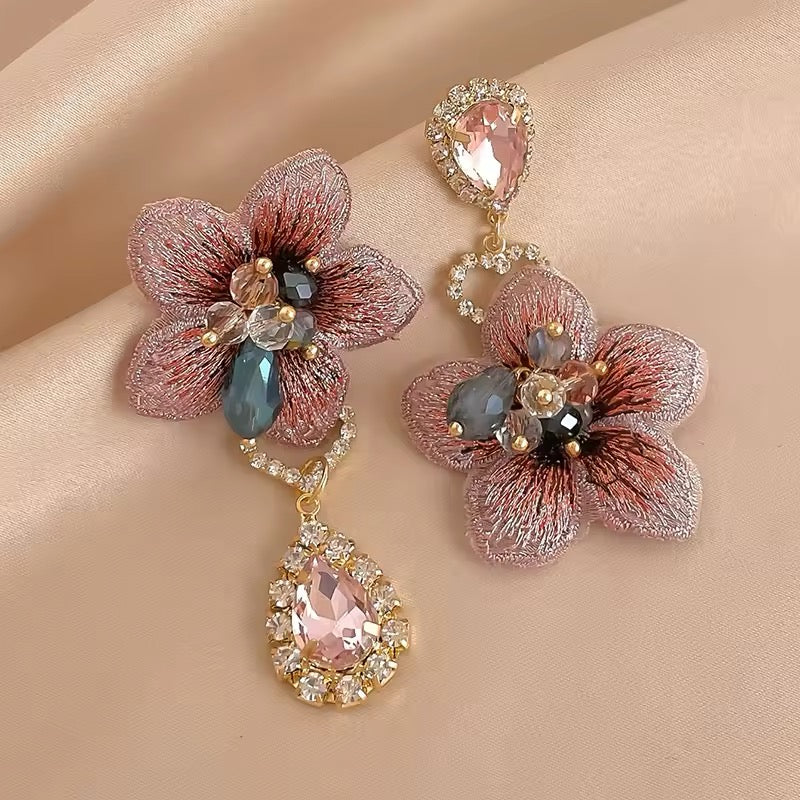 Pink Diamond Drop Flower Earrings