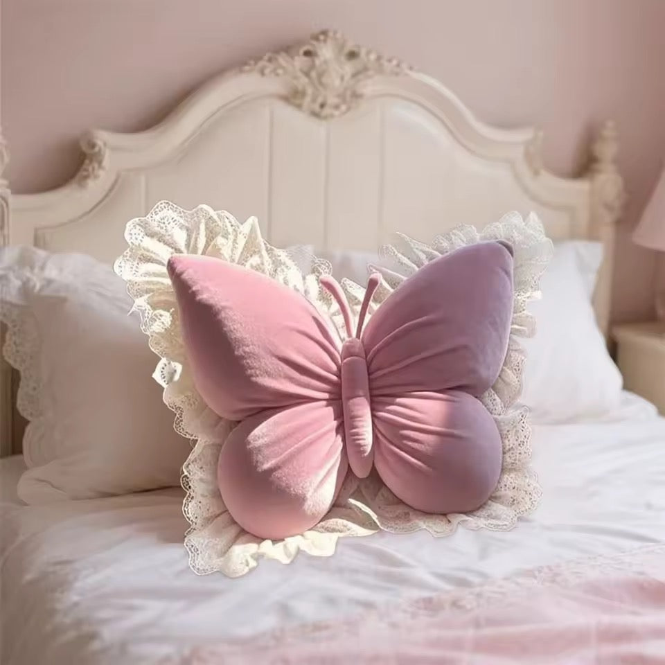 Pink butterfly pillow with lace trim 