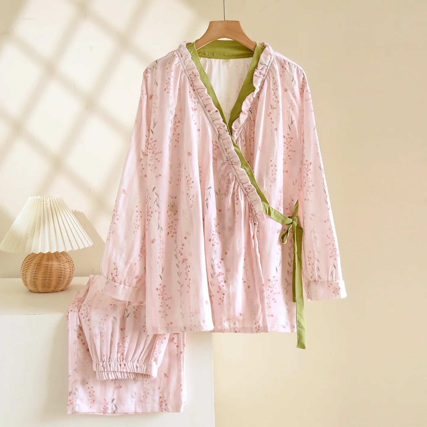 Elegant pink kimono wrap pyjama set 