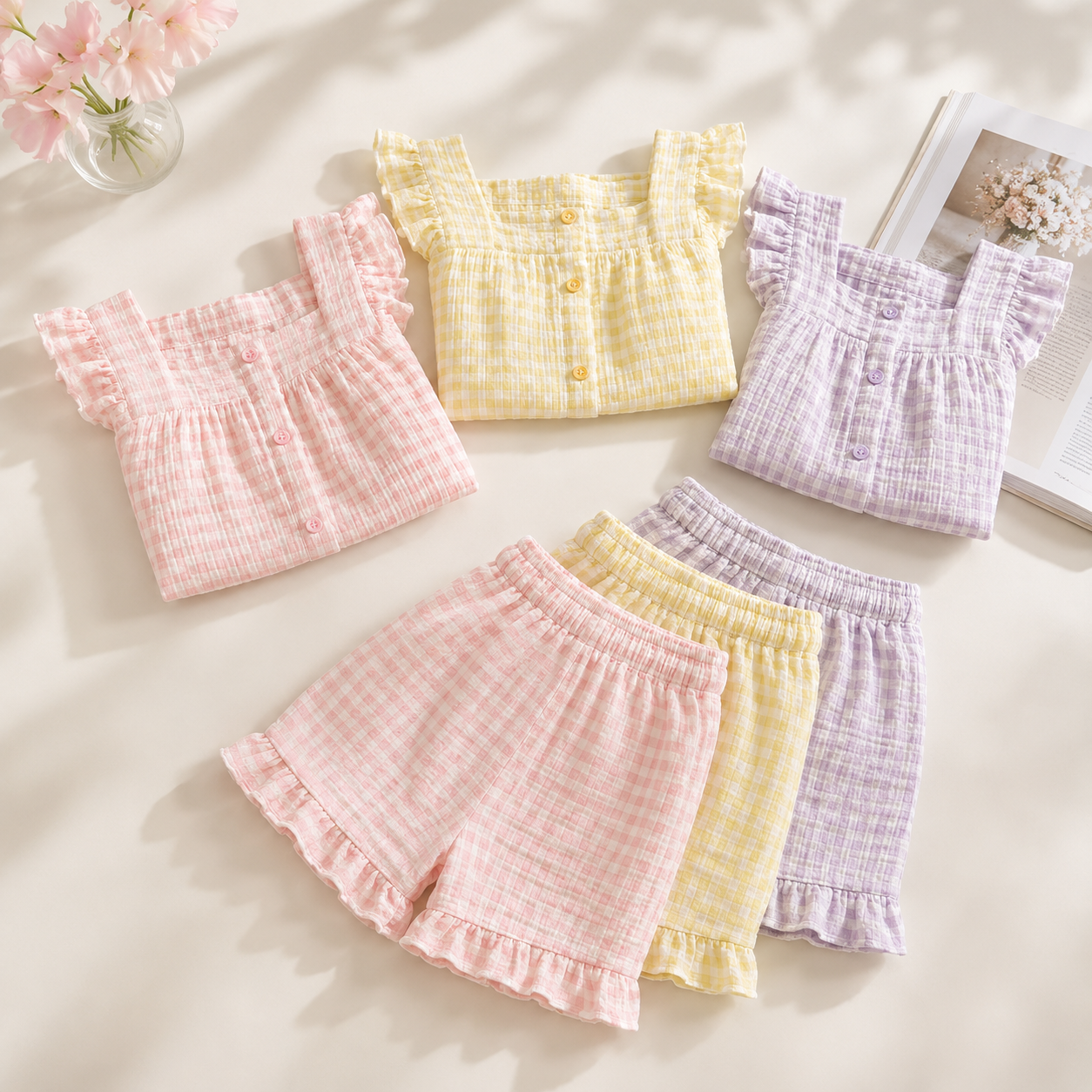 Gingham Short Pj Set - Pink/Yellow/Purple CreativeFemininity