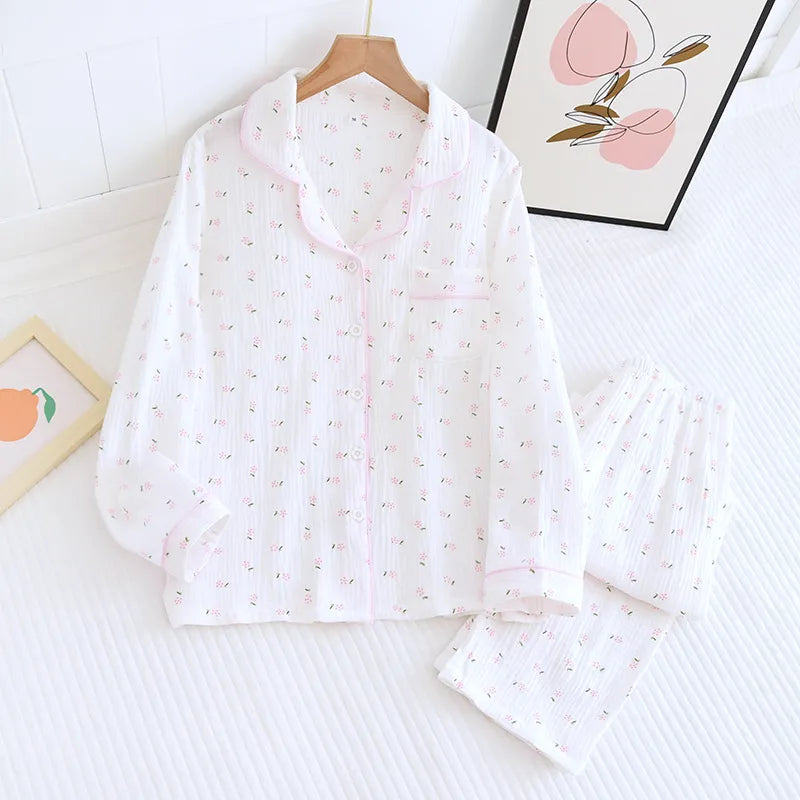 white cotton pjs with pink flowers 