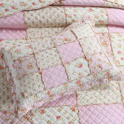 Floral Print Cotton Quilted Bedspread - Pink/Purple