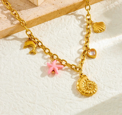 Link Necklace With Pink & Gold Charms