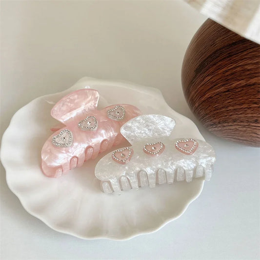 Pink and white claw clip with diamanté hearts