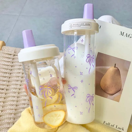 Purple Bow Water Bottle With Straw