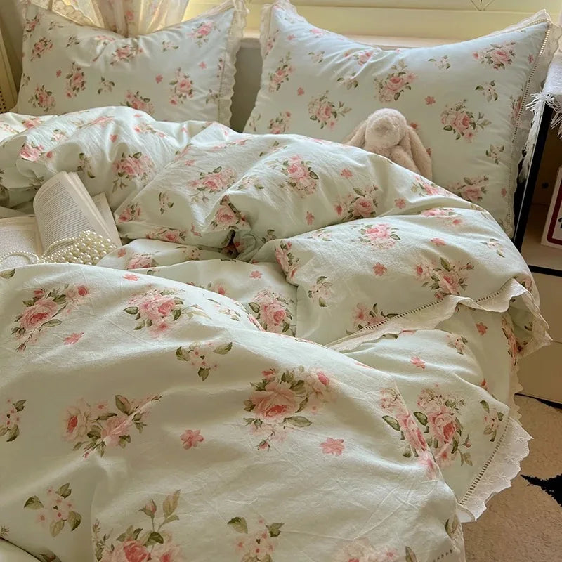 Floral Lace Trim Cotton Bedding Set Creative Femininity