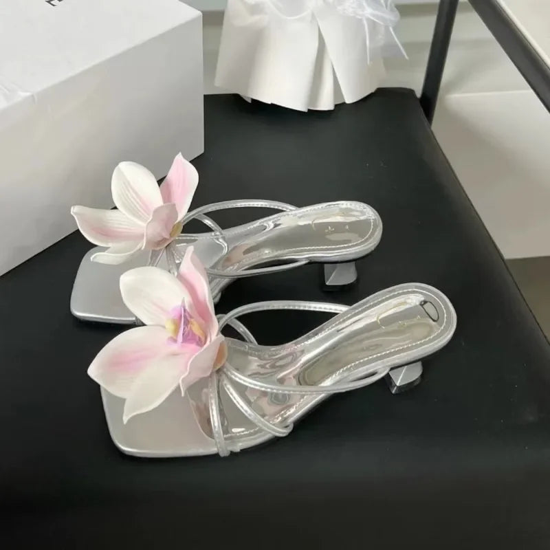 Midi Heeled Mules With Lily Flower Detail