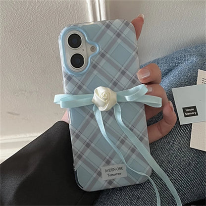 Blue Plaid iPhone Case With Rose Ribbon