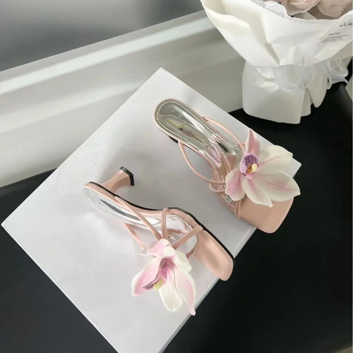 Midi Heeled Mules With Lily Flower Detail