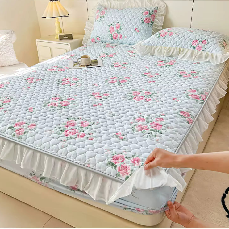 Floral Quilted Ruffle Bedding Set