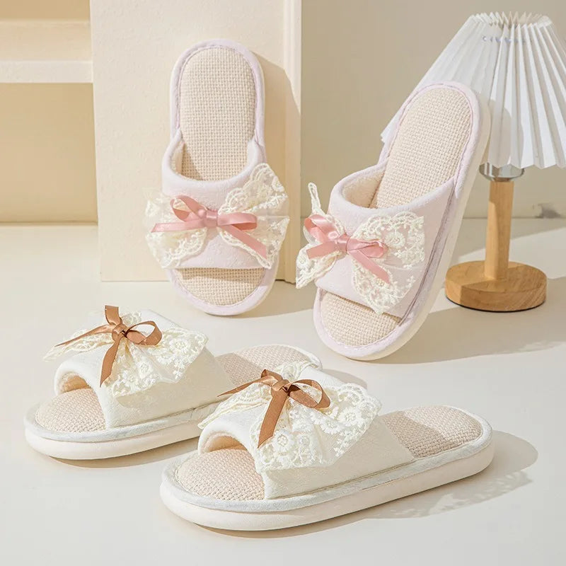 Lace Bow Slider Slippers