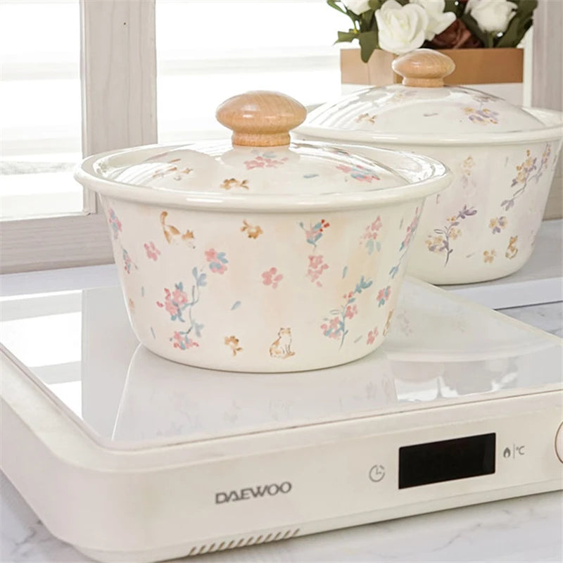 Hand Painted Floral Enamel Cooking Pot Creative Femininity