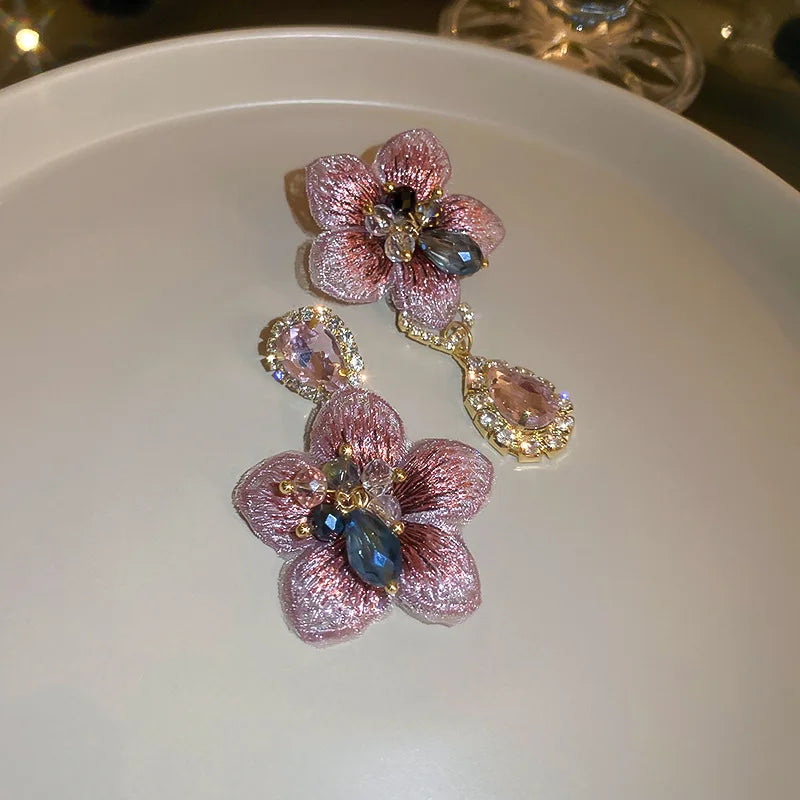 Pink Diamond Drop Flower Earrings