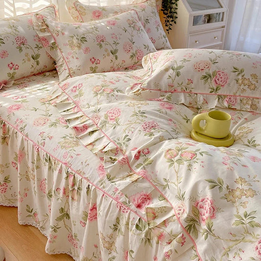 Vintage Floral Ruffle Edge Duvet Set Creative Femininity