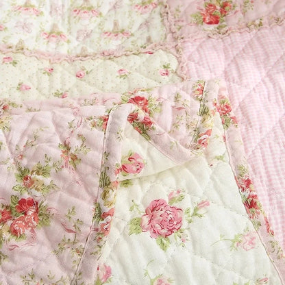 Floral Print Cotton Quilted Bedspread - Pink/Purple