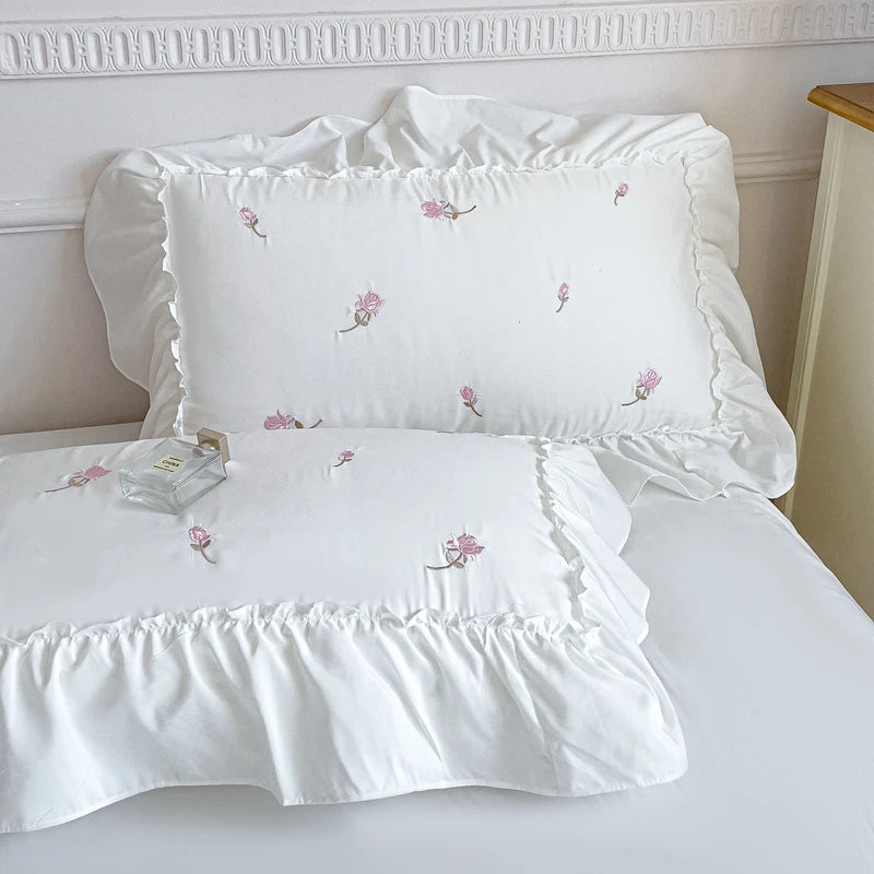 Rose Embroidered Ruffle Bed Set - White/Pink/Green/Blue