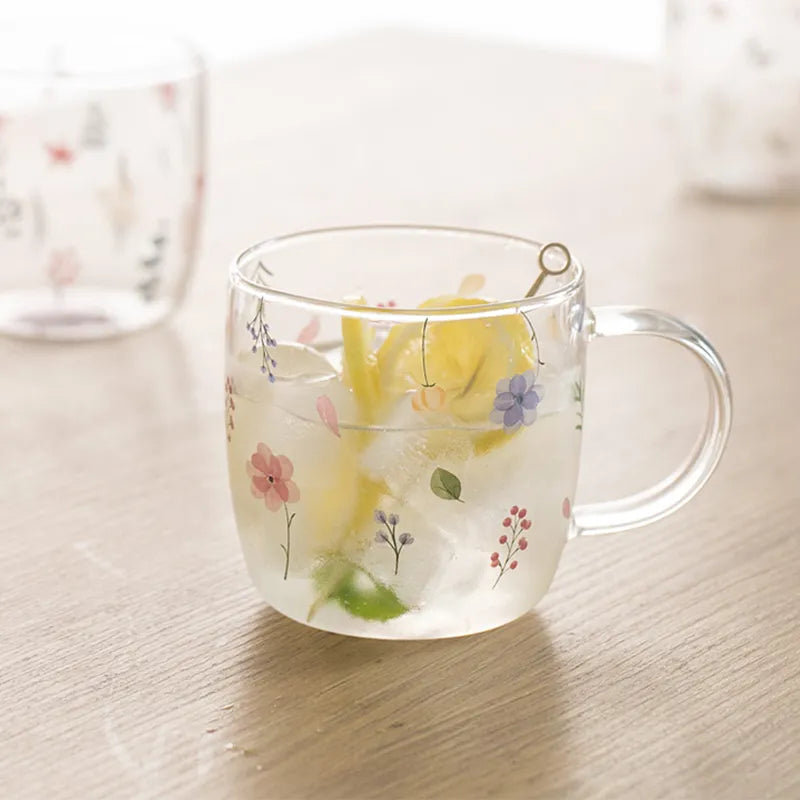 Transparent Glass Floral Cup With Handle