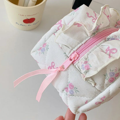 Quilted Ruffle Ribbon Cosmetic Bag