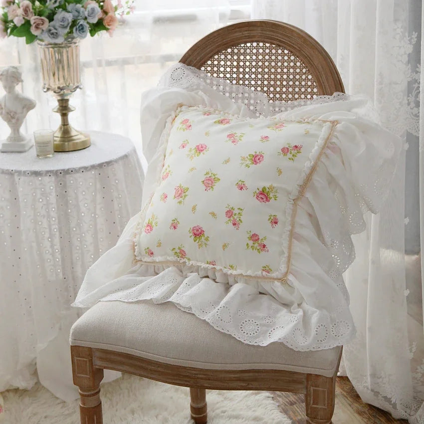 princess ruffle edge pillow with pink flower print 