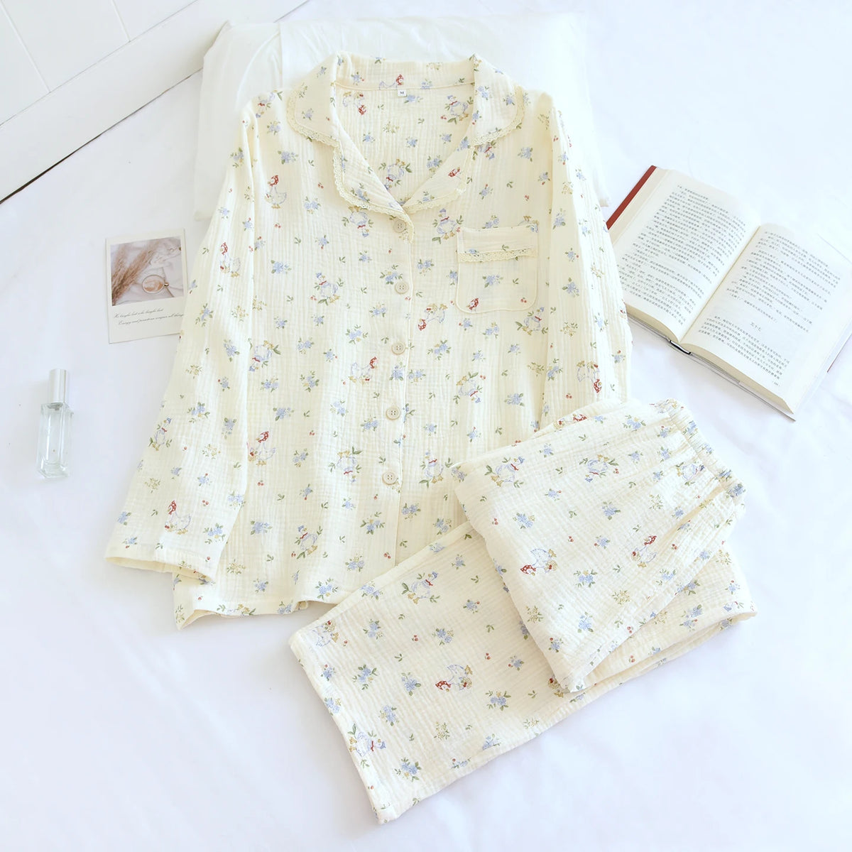 Cartoon Cotton Pajamas Women's Double Layer Gauze Spring Autumn Summer Floral Print Home Clothes Comfortable Long Sleeve Slee... Creative Femininity
