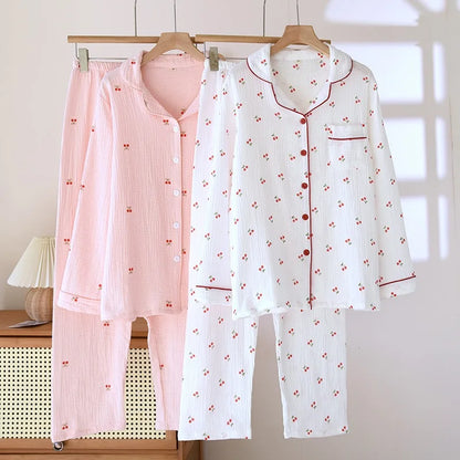 Women's Pink & Red Cherry Cotton Pjs
