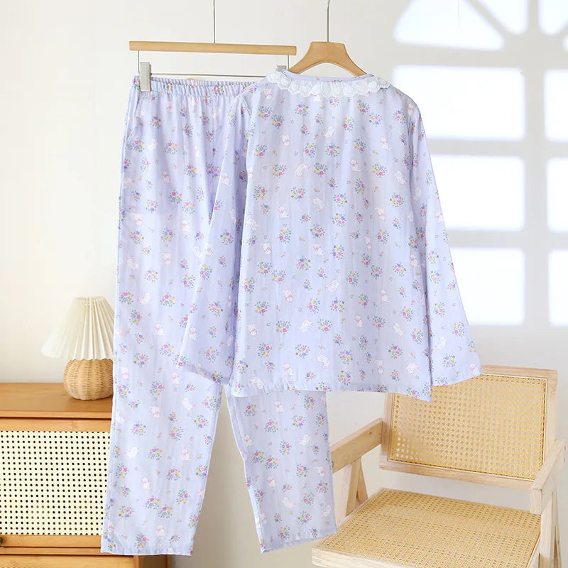 Floral Round Neck Pyjama Set Creative Femininity