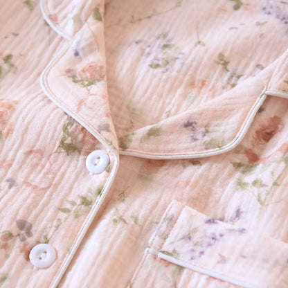 2026 New Women's Spring and Autumn Pajama Set 100% Cotton Crape Cloth Flower Collar Long Sleeve Two Piece Set Large Home Clothes Creative Femininity