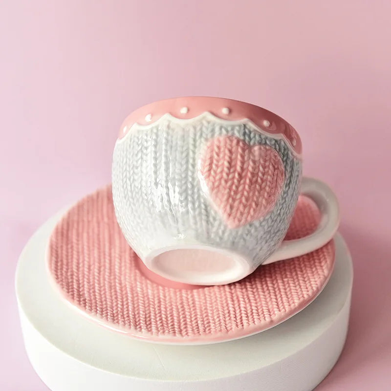 Pink Knit Heart Tea Cup And Saucer Set Creative Femininity