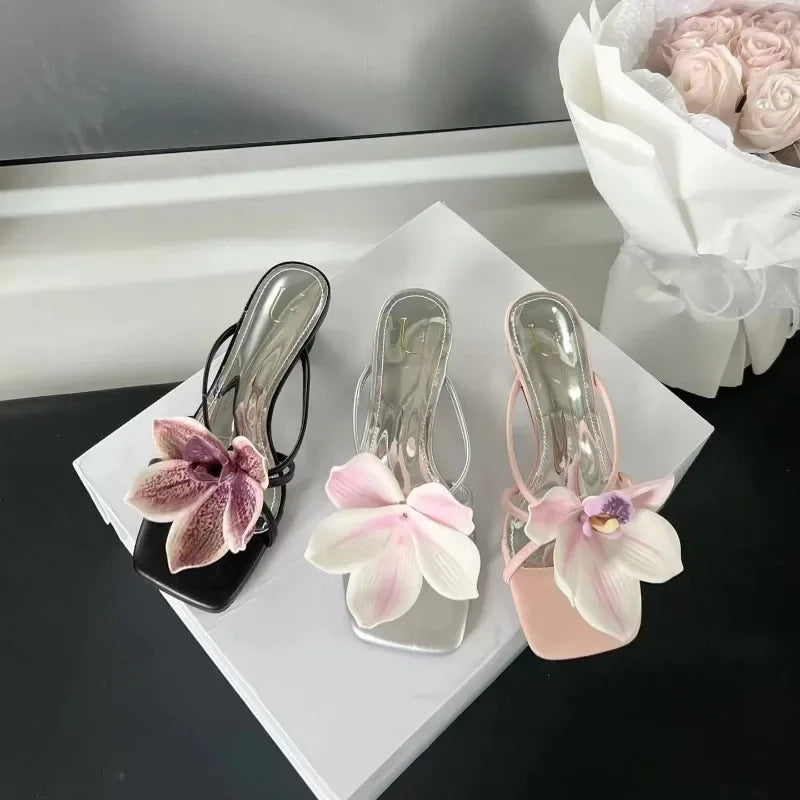 Midi Heeled Mules With Lily Flower Detail