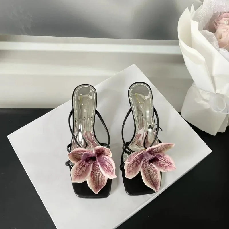 Midi Heeled Mules With Lily Flower Detail