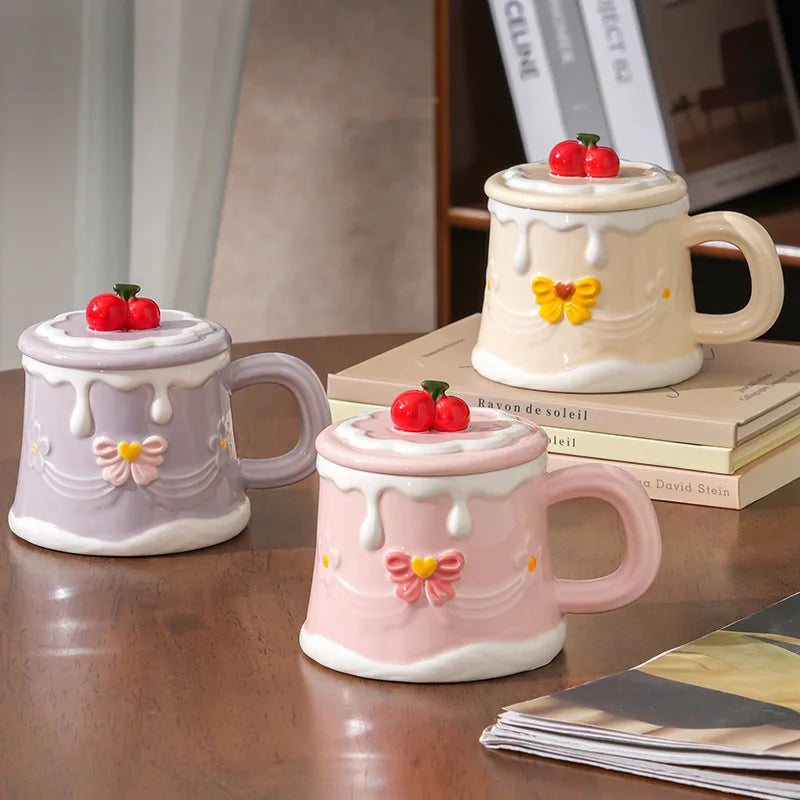 Hand Painted Cherry Cake Ceramic Cup with Lid