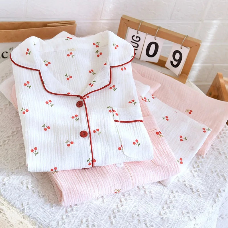 Women's Pink & Red Cherry Cotton Pjs