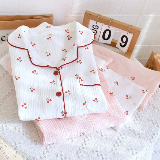 Women's Pink & Red Cherry Cotton Pjs