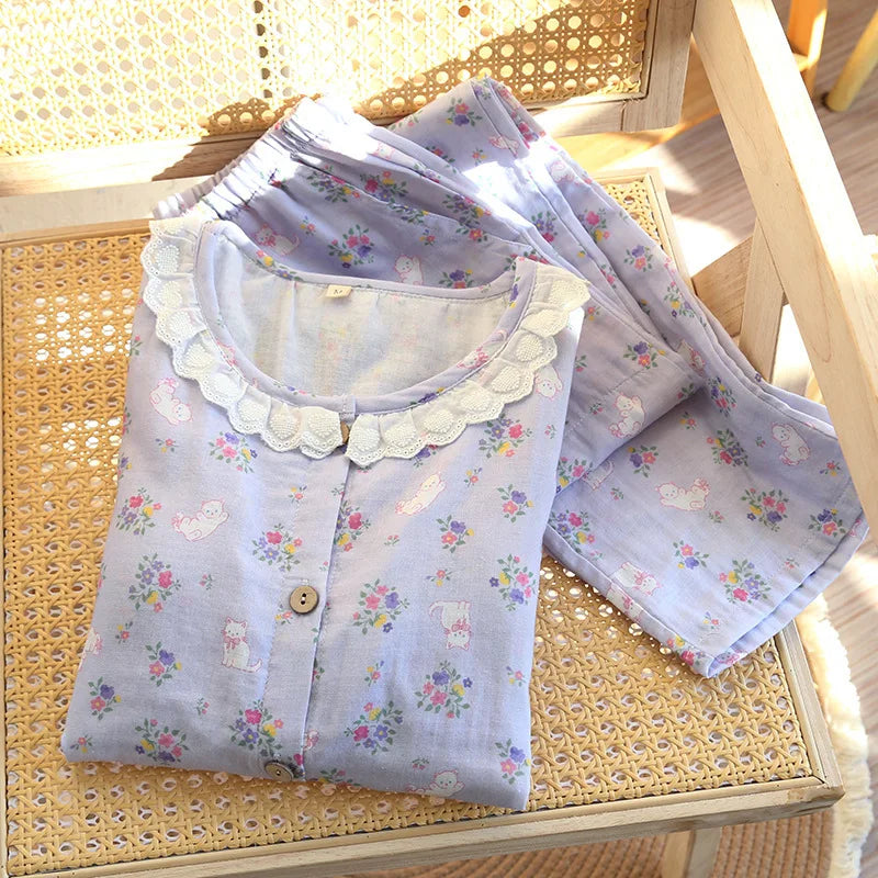 purple floral pajama set with lace collar 