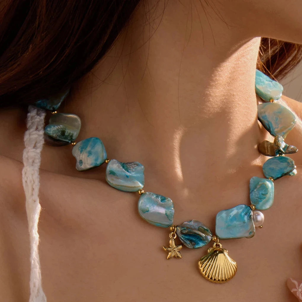 Blue & Gold Conch Shell Necklace Set