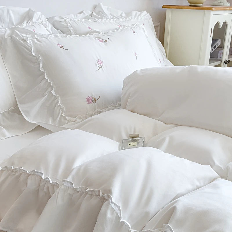 Rose Embroidered Ruffle Bed Set - White/Pink/Green/Blue