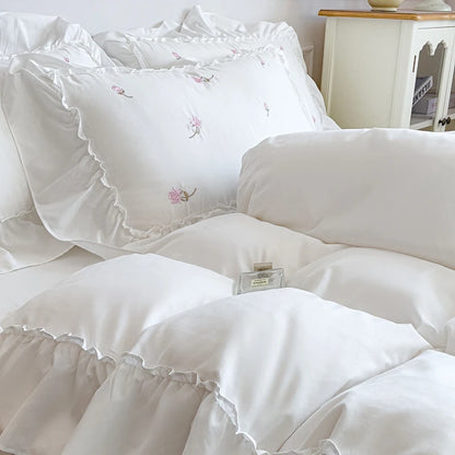 Rose Embroidered Ruffle Bed Set - White/Pink/Green/Blue