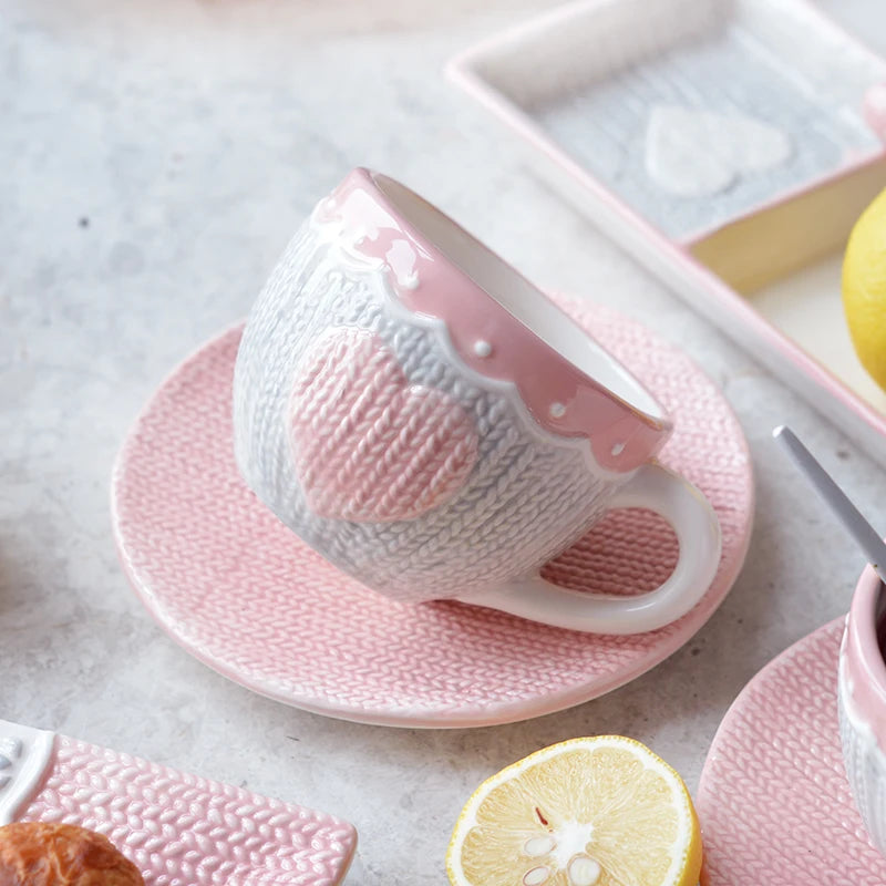 Pink Knit Heart Tea Cup And Saucer Set Creative Femininity