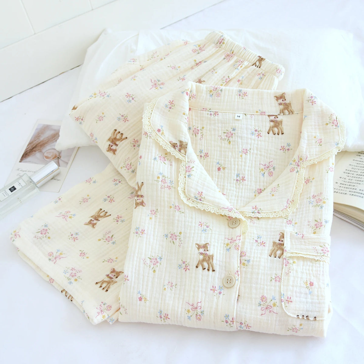 Cartoon Cotton Pajamas Women's Double Layer Gauze Spring Autumn Summer Floral Print Home Clothes Comfortable Long Sleeve Slee... Creative Femininity