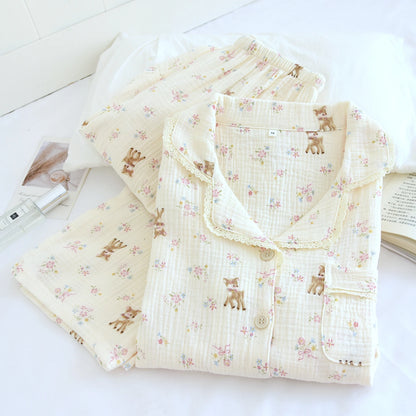 Cartoon Cotton Pajamas Women's Double Layer Gauze Spring Autumn Summer Floral Print Home Clothes Comfortable Long Sleeve Slee... Creative Femininity