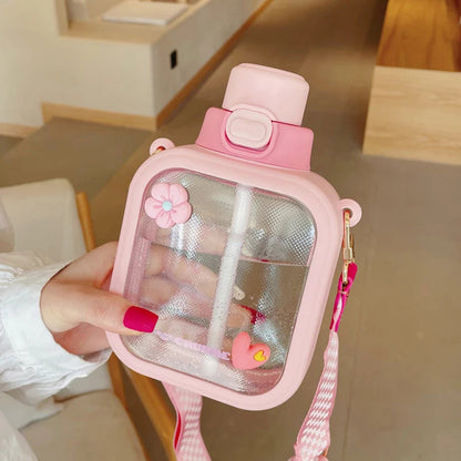Kawaii Water Bottle With Straw & Strap Creative Femininity
