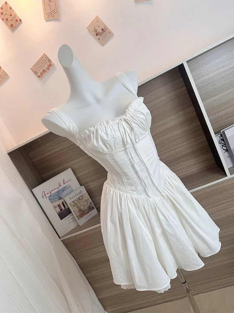 white lace milkmaid mini dress